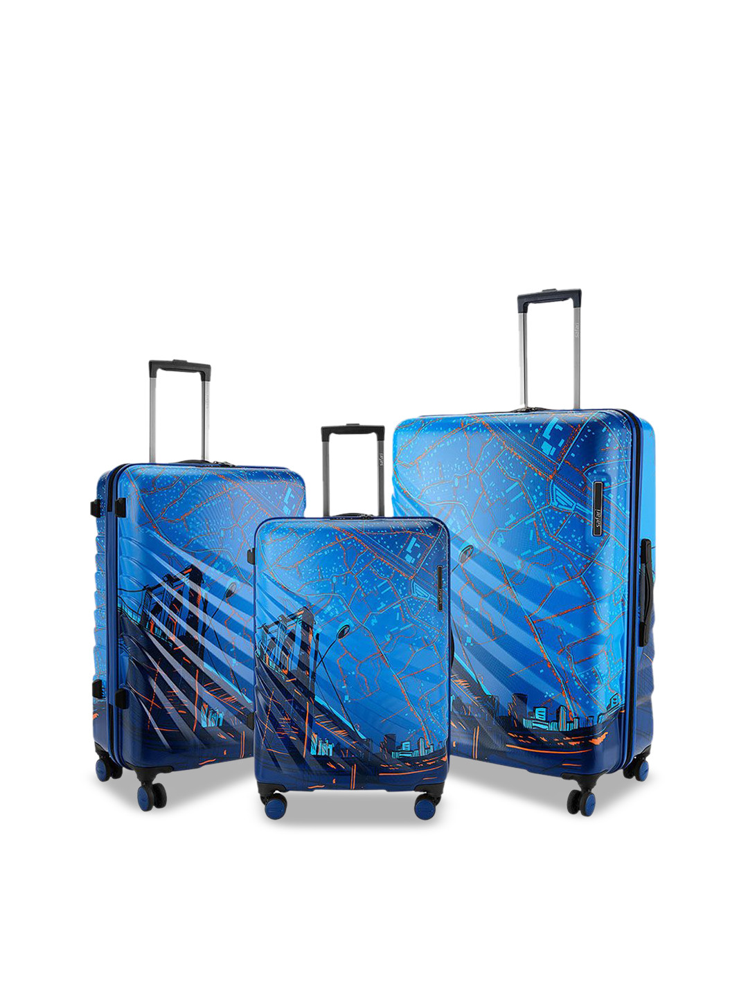 Safari Select Brooklyn Set of 3 Blue Printed Polycarbonate with TSA Lock Trolley Bag