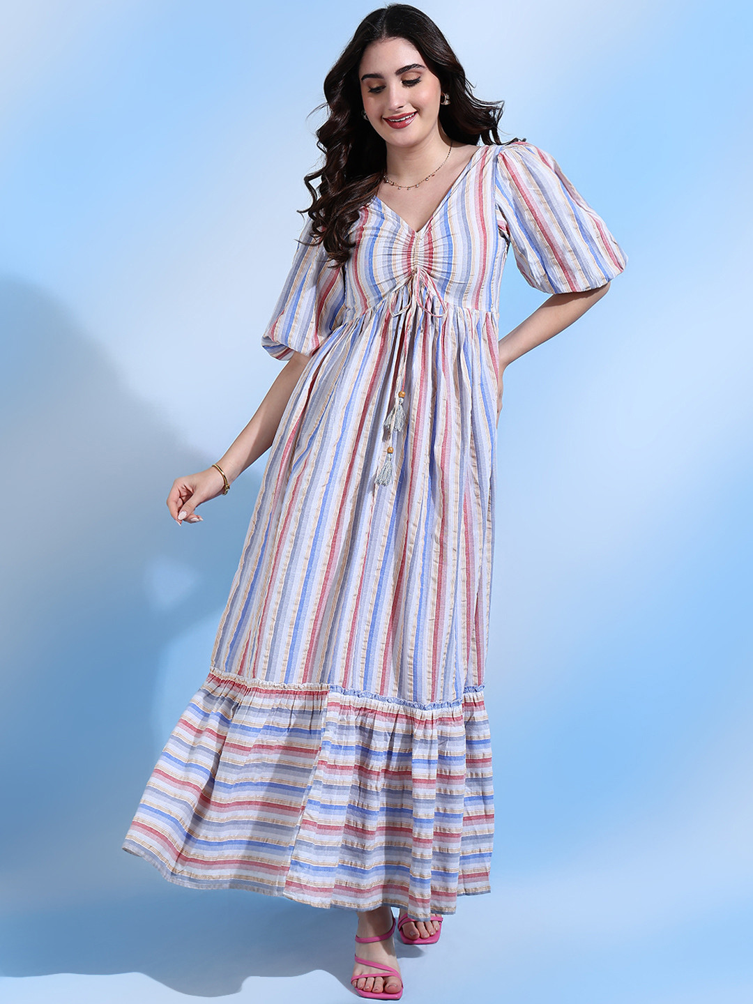 Shades of Sabi Vertical Striped Print V-Neck Cotton Gown Dress