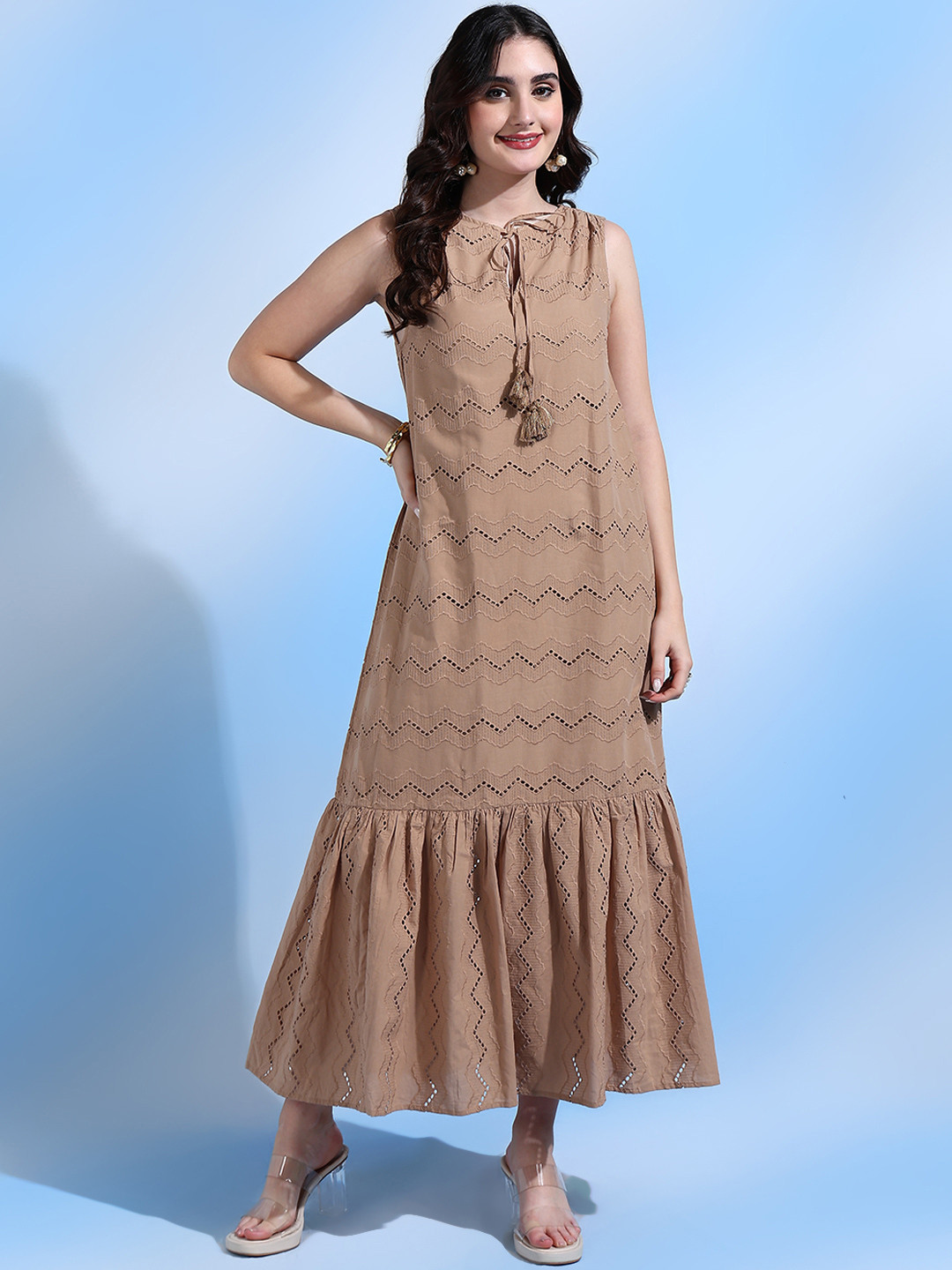 Shades of Sabi Schiffli Tie Up Neck Maxi Dress