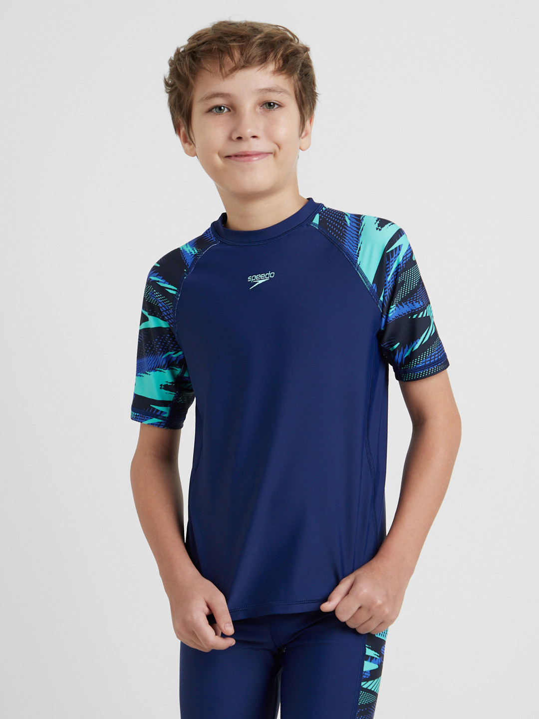 Speedo Boy's Endurance10 Hyperboom Print Short Sleeve Suntop With UPF 40+ Sun Protection