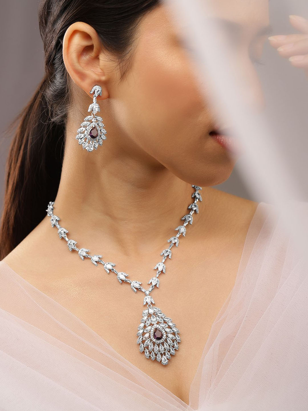 Rubans Rhodium-Plated Amethyst Purple & White Cubic Zirconia Stone Luxe Drop Necklace Set