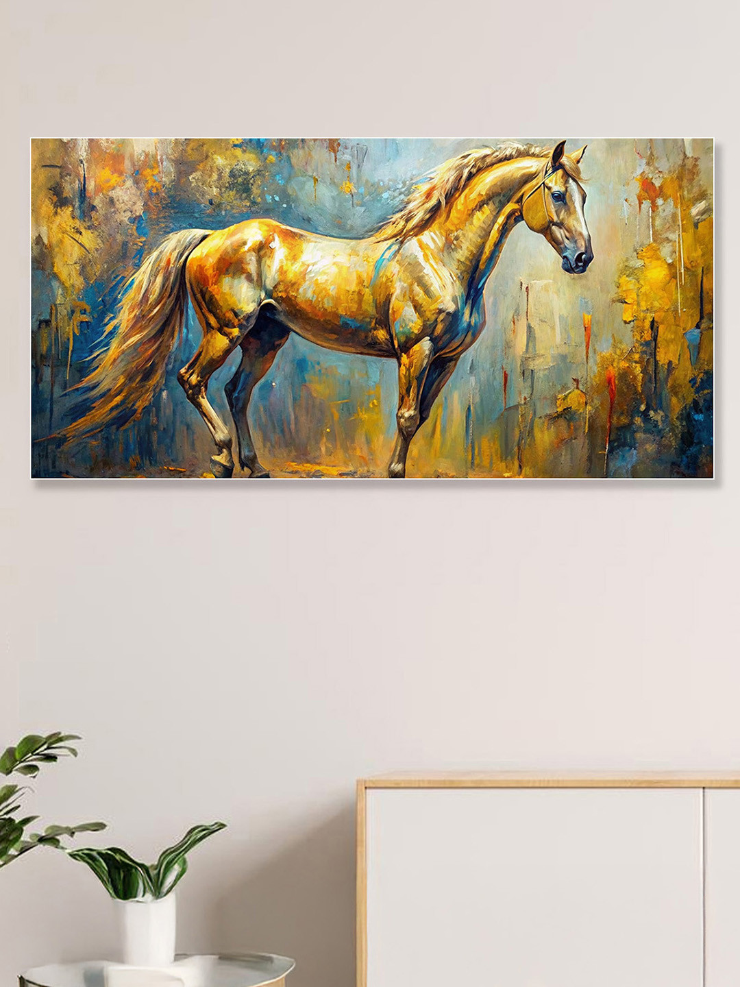 nestroots Gold-Toned & Blue Horse Equine Serenity in Nature Canvas Paintings Wall Art