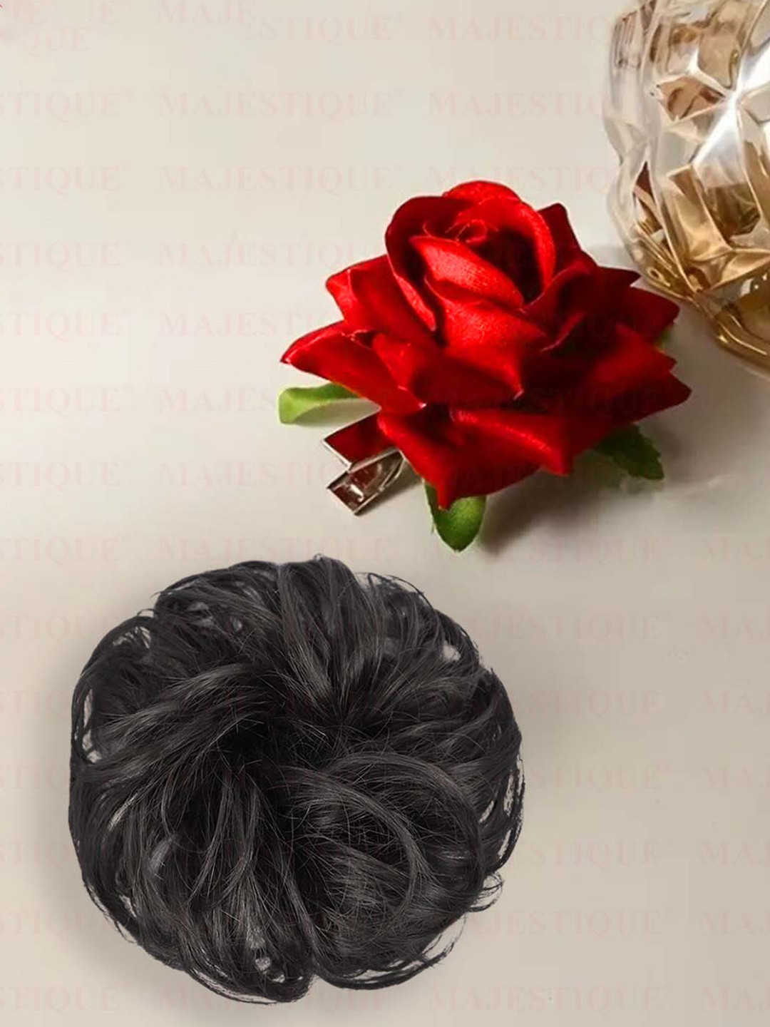 Majestique Set of 2 Black Red Rose Artificial Fake Flower Clip & Bun Scrunchies Combo