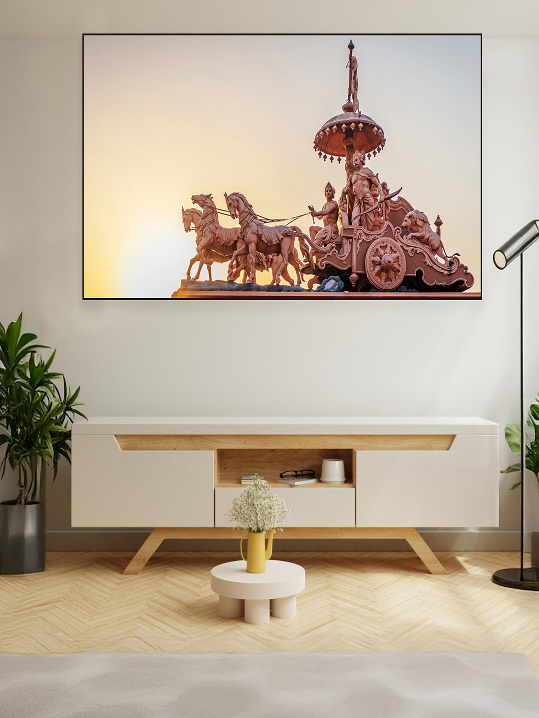 nestroots Brown & Yellow Lord Krishna Arjuna Printed Canvas Wall Painting