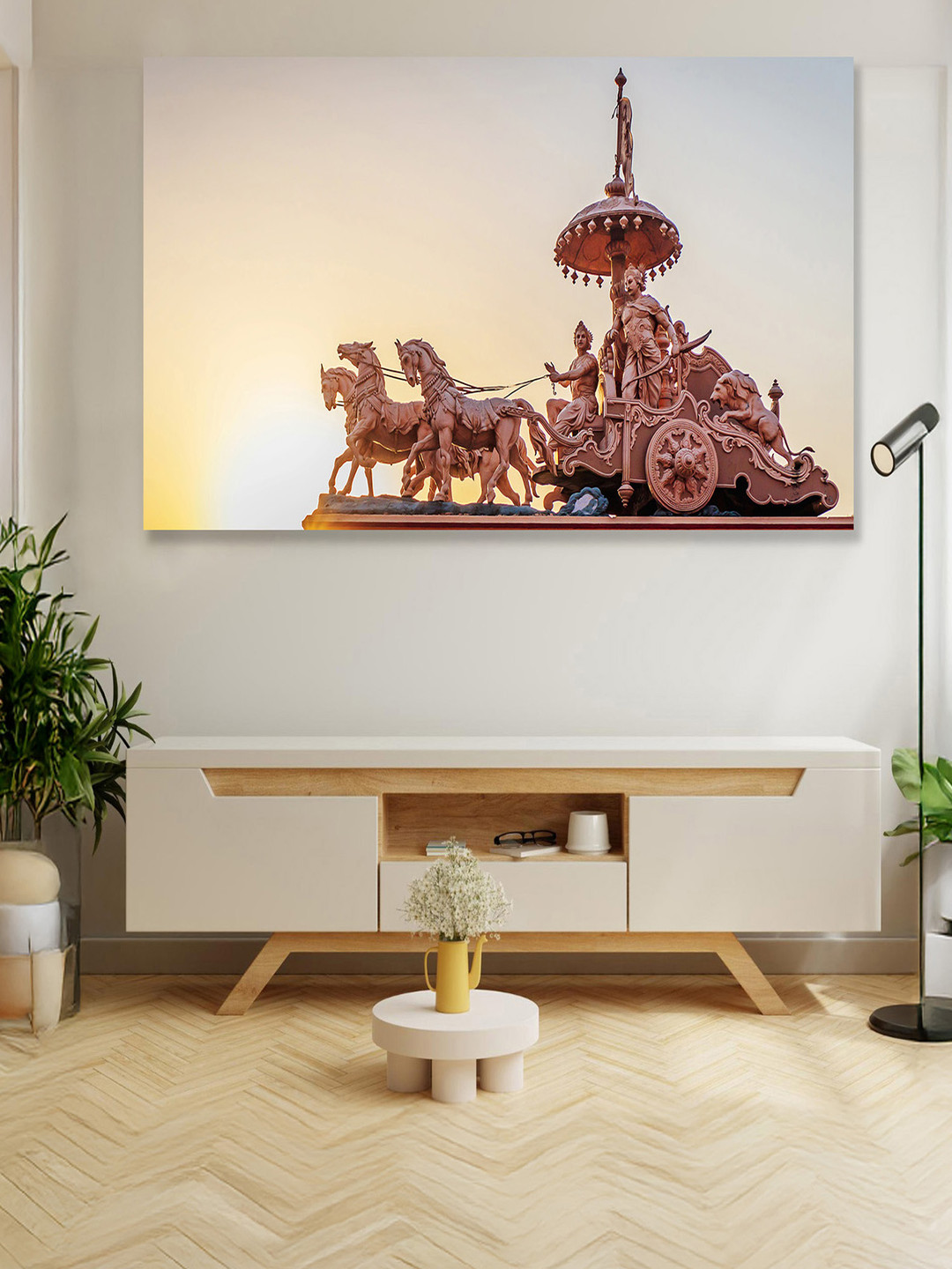 nestroots Copper-Toned & Yellow Lord Krishnaarjuna Religious Printed Canvas Wall Painting