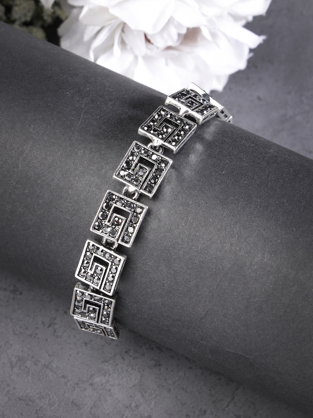 Sangria Women American Diamond Rhodium-Plated Link Bracelet