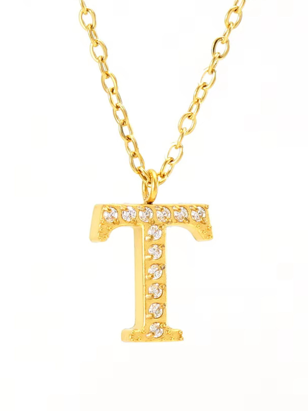 ZAISHA Stainless Steel 18k Gold-Plated Stones Studded Alphabet R Pendant & Chain