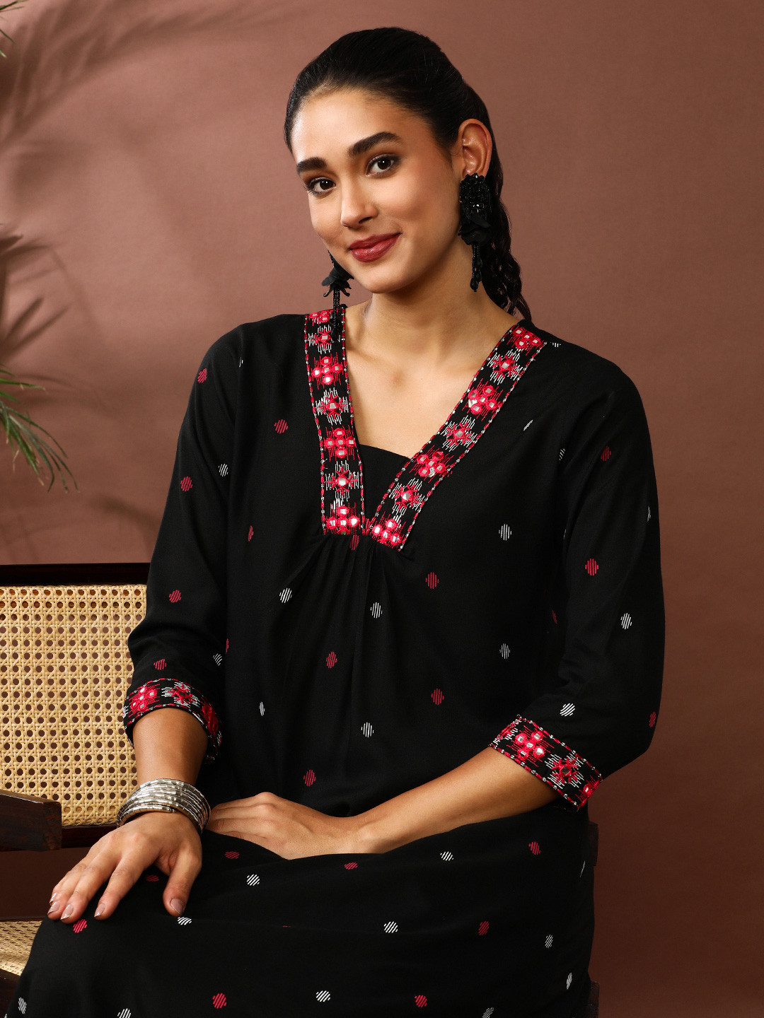 Jaipur Kurti Woven Design V Neck Regular Mirror Work Kurta With Trousers