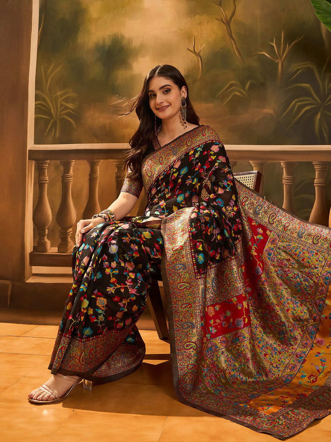 Sangria Woven Design Pure Cotton Kashmiri Pashmina Saree