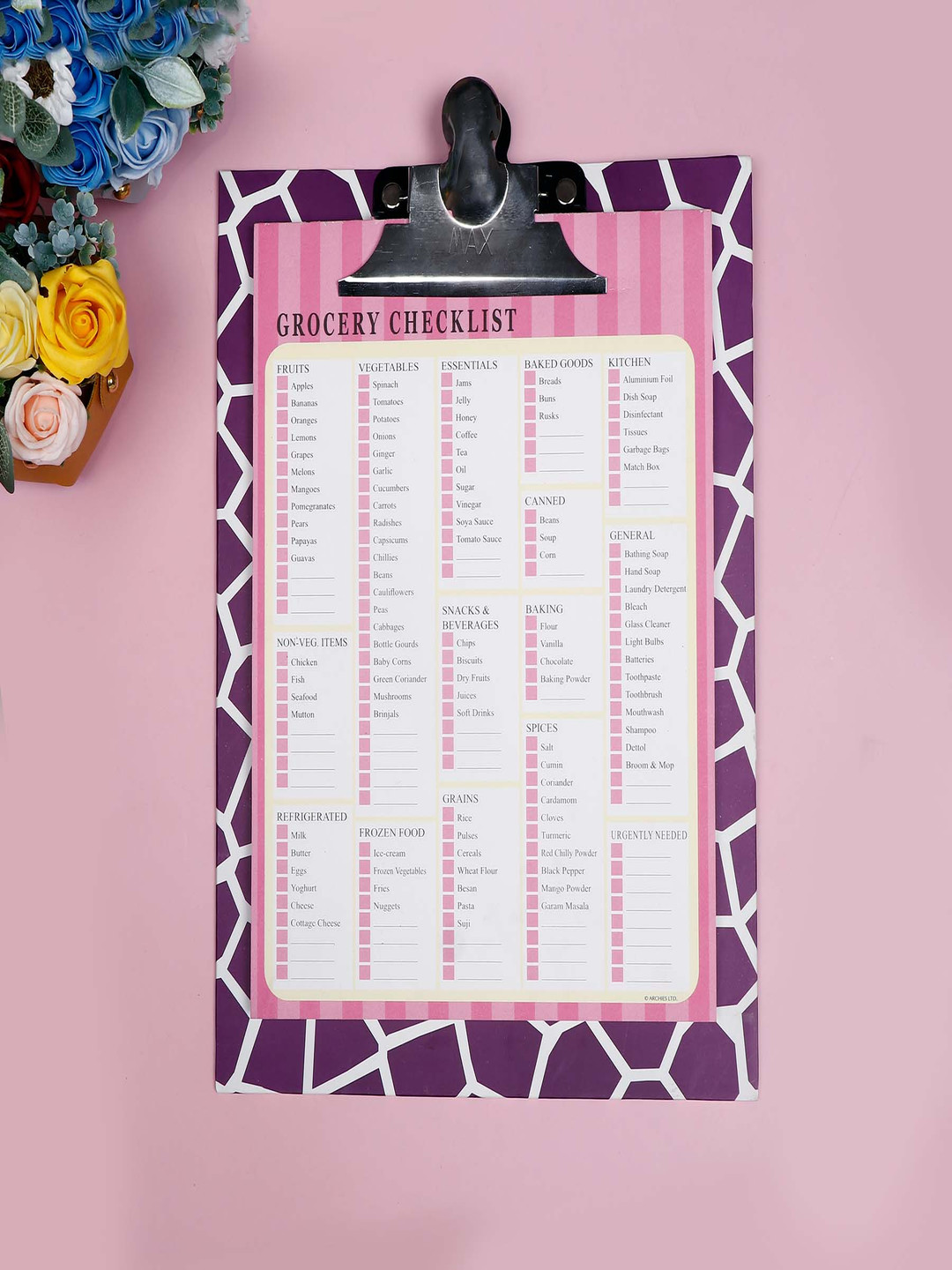 Archies Purple & White Printed Grocery Checklist Notepad with Clipboard