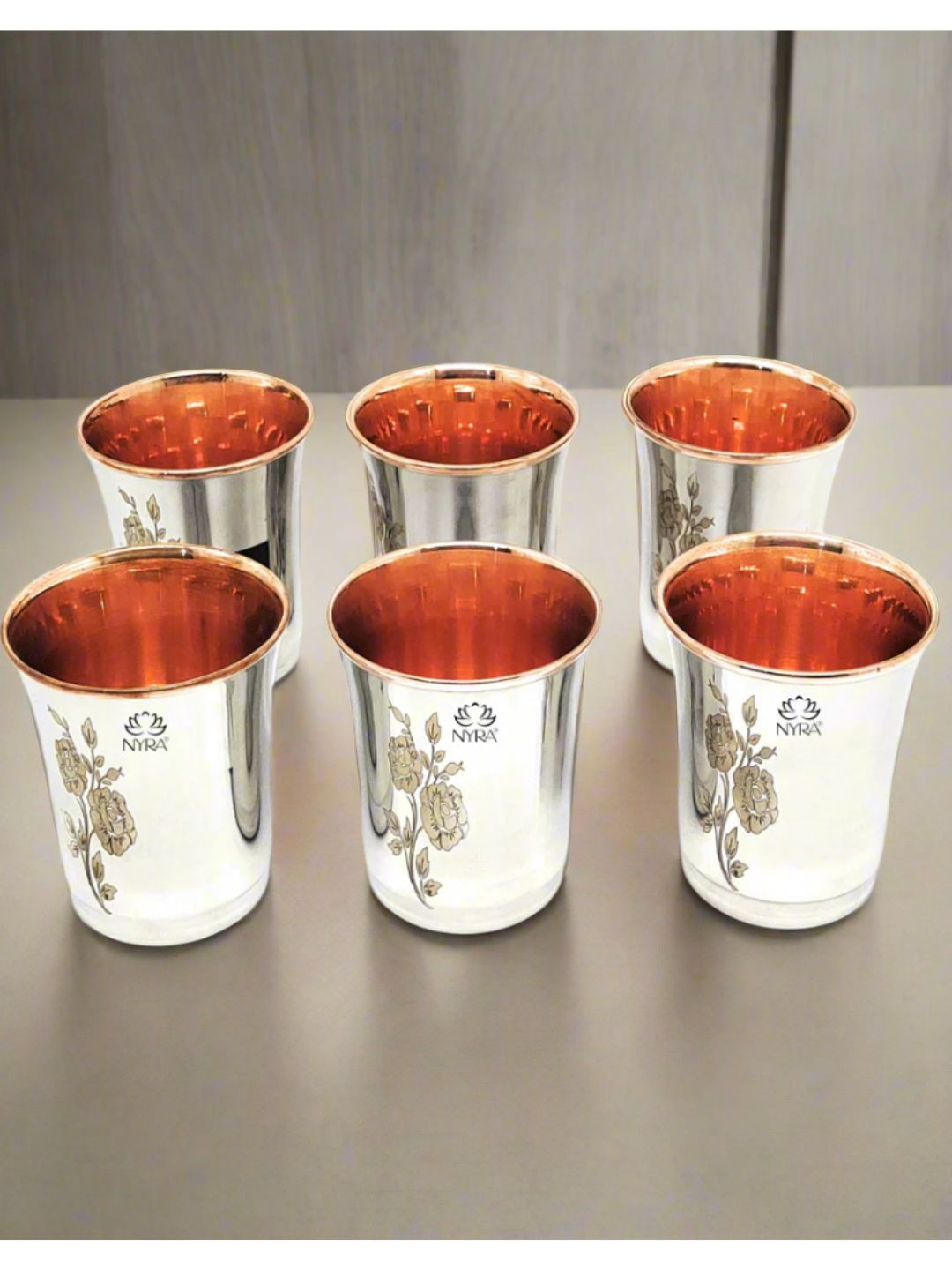 Nyra Kitchenware 6 Pcs Printed Stainless Steel Water Glass with Inner Copper Coating-300ML