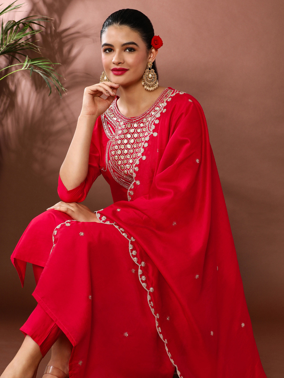 Jaipur KurtiYoke Design Chanderi Cotton Straight Kurta With Trousers And Dupatta