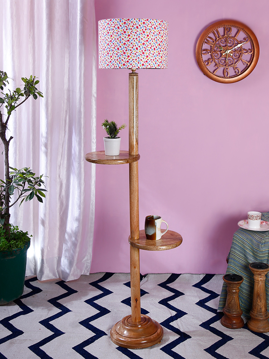 Devansh White And Blue Printed Cylinder Shaped Wooden Floor Lamp With Shelves