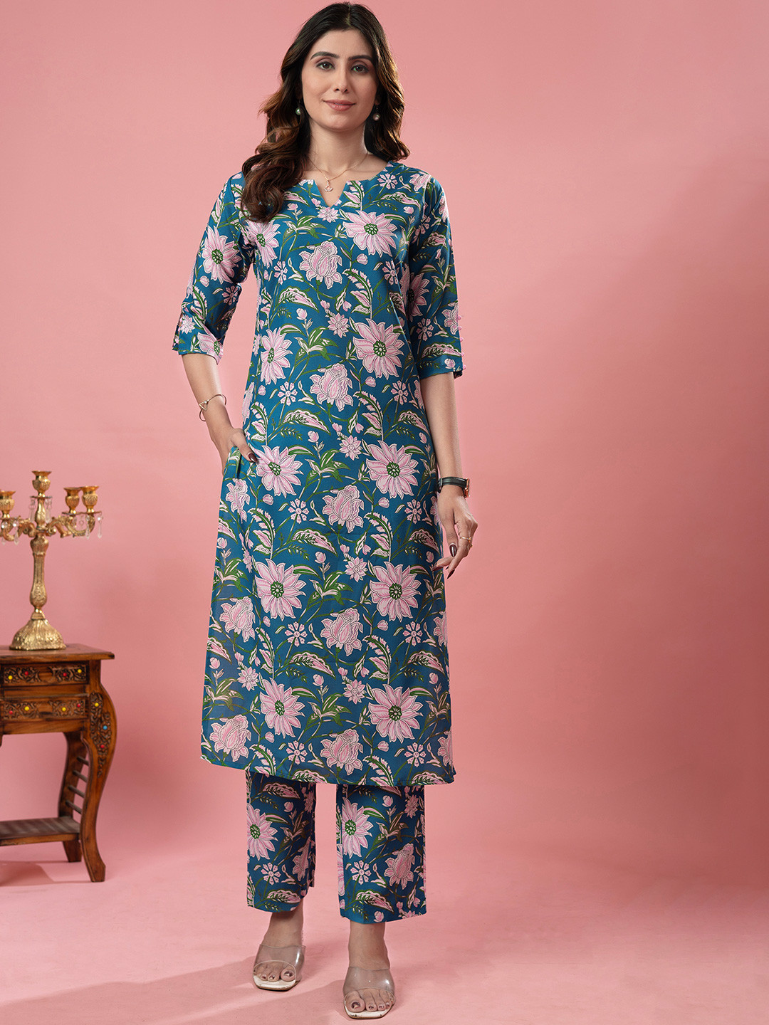Sun Fashion And Lifestyle Floral Printed Notch Neck Straight Kurta With Trousers