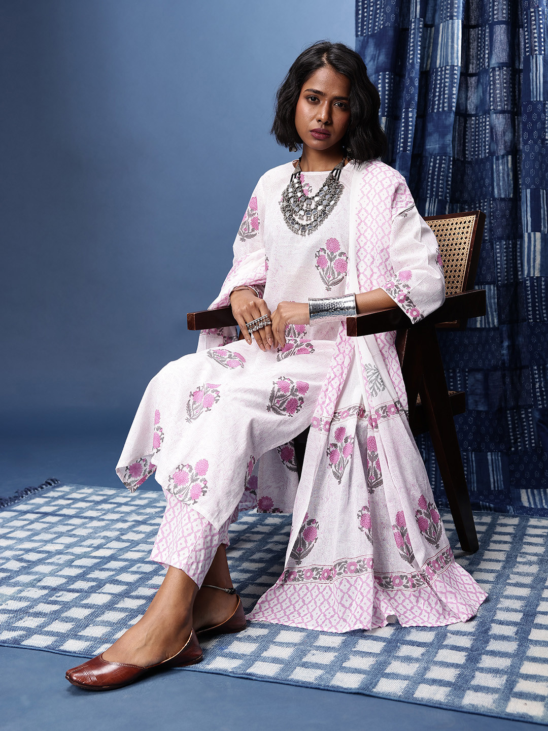 Taavi Indie Floral Printed Straight Hand Block Print Legacy Kurta with Trousers & Dupatta