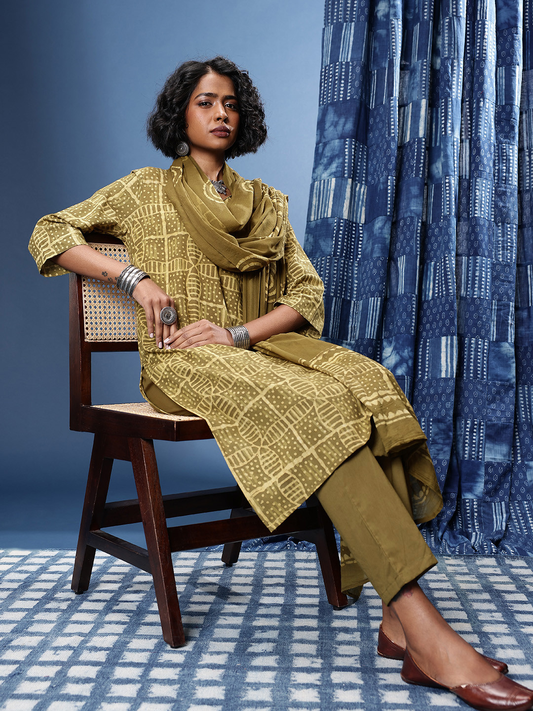 Taavi Pure Cotton Indie Printed V-Neck Block Print Legacy Kurta with Trousers & Dupatta