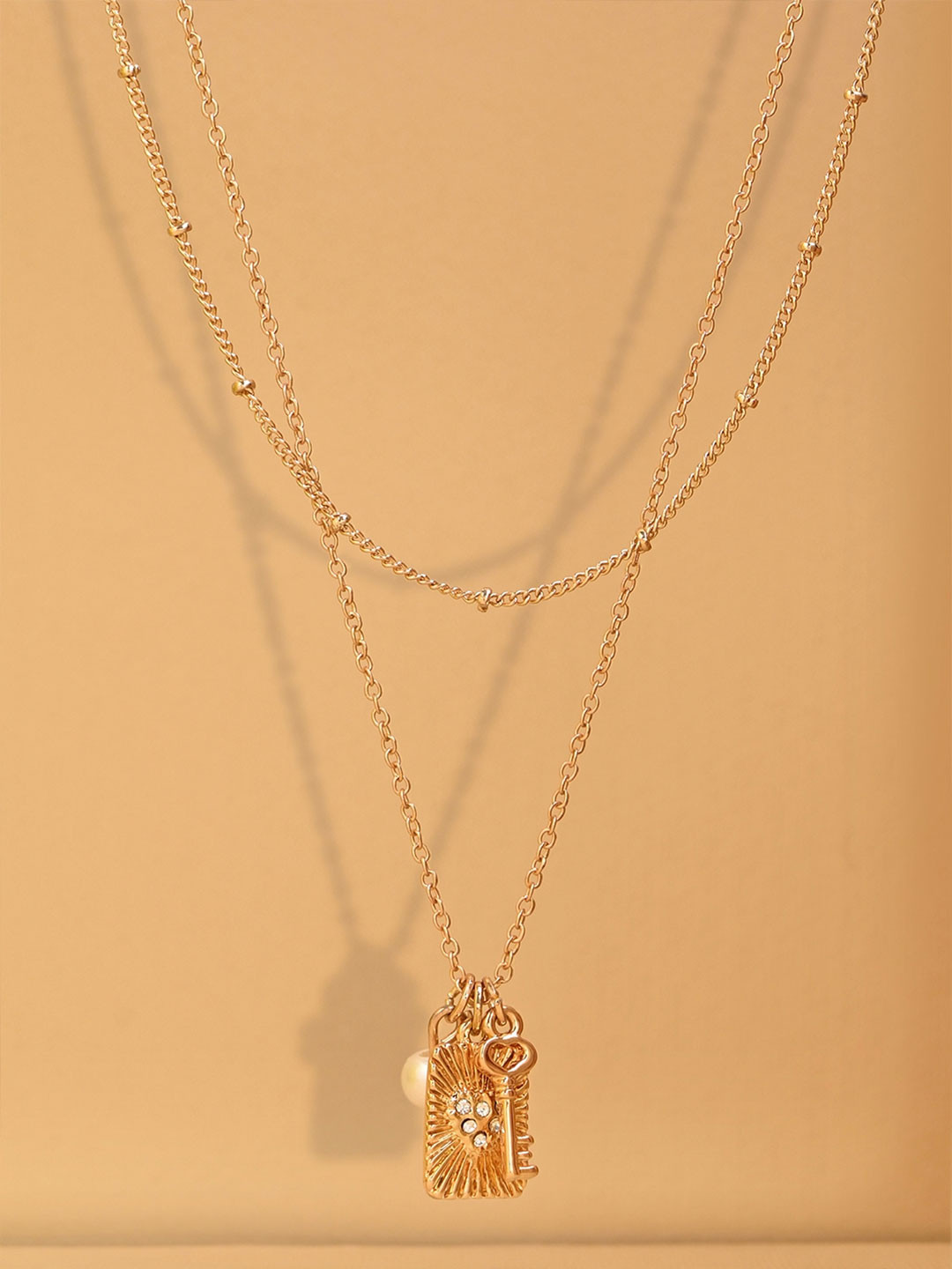 ToniQ Gold-Toned Rectangle Pendant Heart White Stone with Pearl Drop Layered Necklace