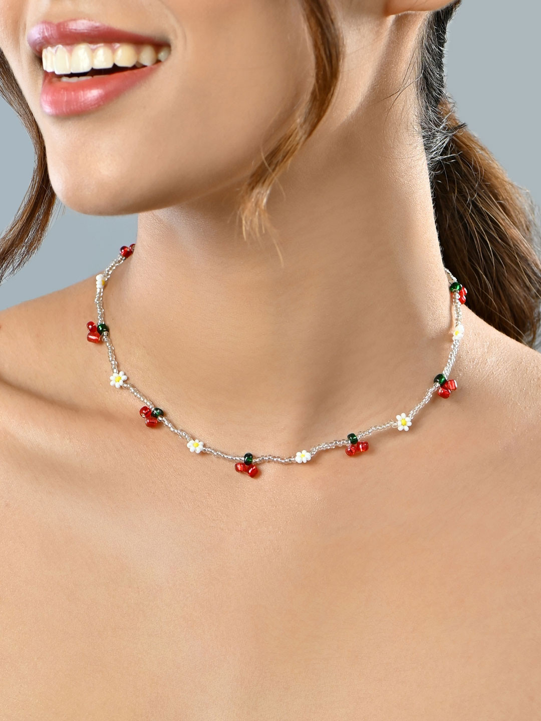 ToniQ White Floral Beaded and Red Cherry Drops Choker Necklace