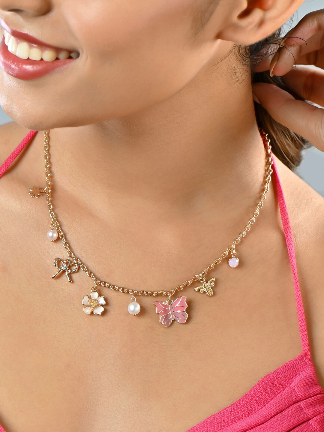 ToniQ Gold-Toned Multicharm Pearl Bow Butterfly &  Floral Choker Necklace
