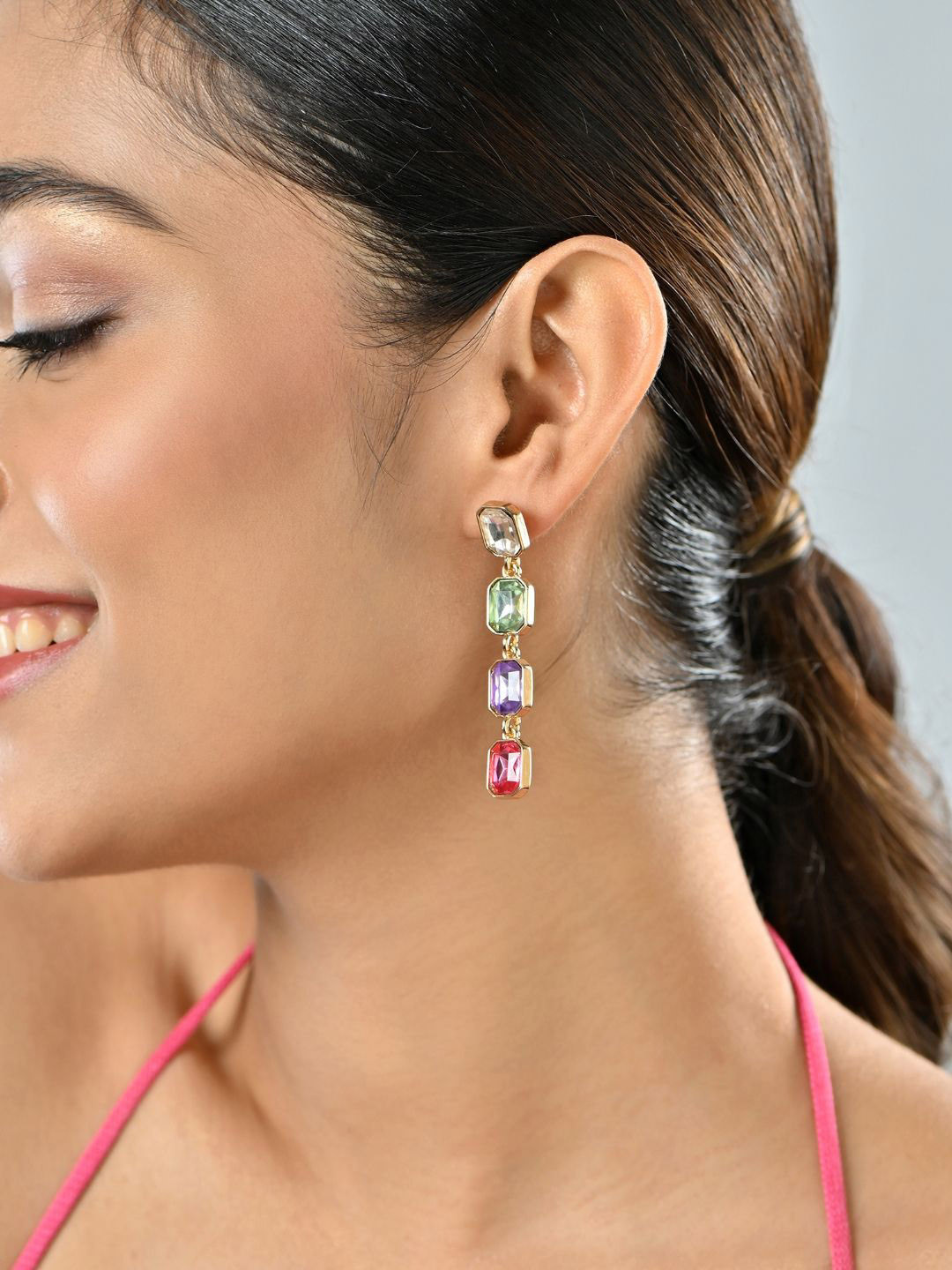 ToniQ Gold Multi-Stone Party Drop & Dangler Earrings