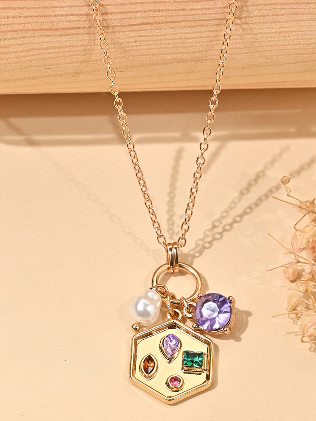 ToniQ Gold-Toned Geometric Pendant Necklace with White Pearl & Purple Bead Drop Charms