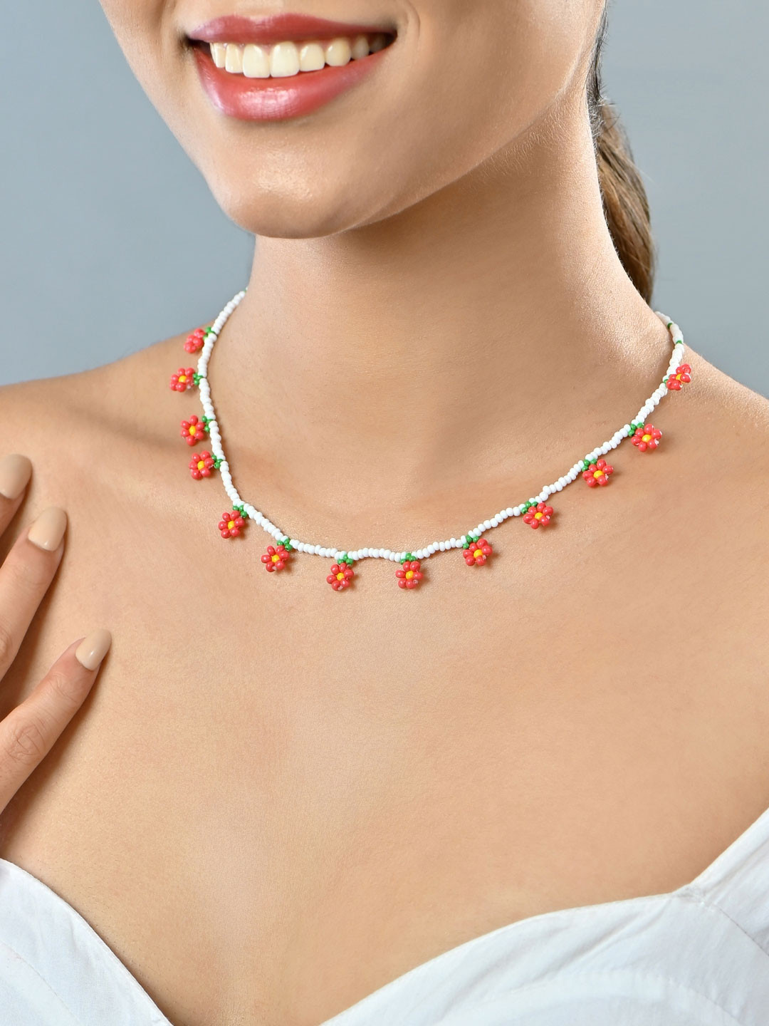 ToniQ White Beaded Red Floral & Green Leaf Choker Necklace