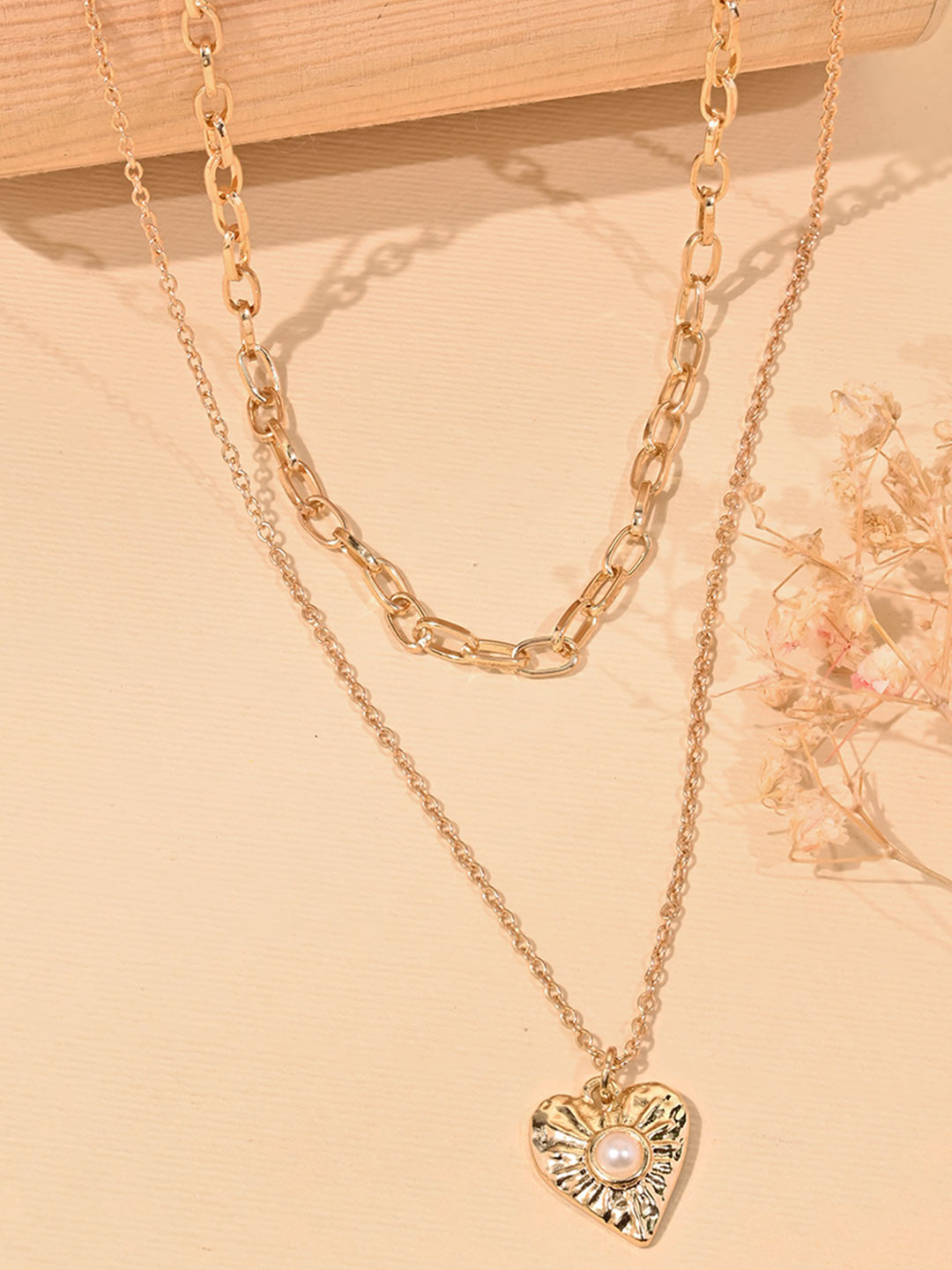 ToniQ Gold-Toned White Stone Heart Pendant Layered Necklace