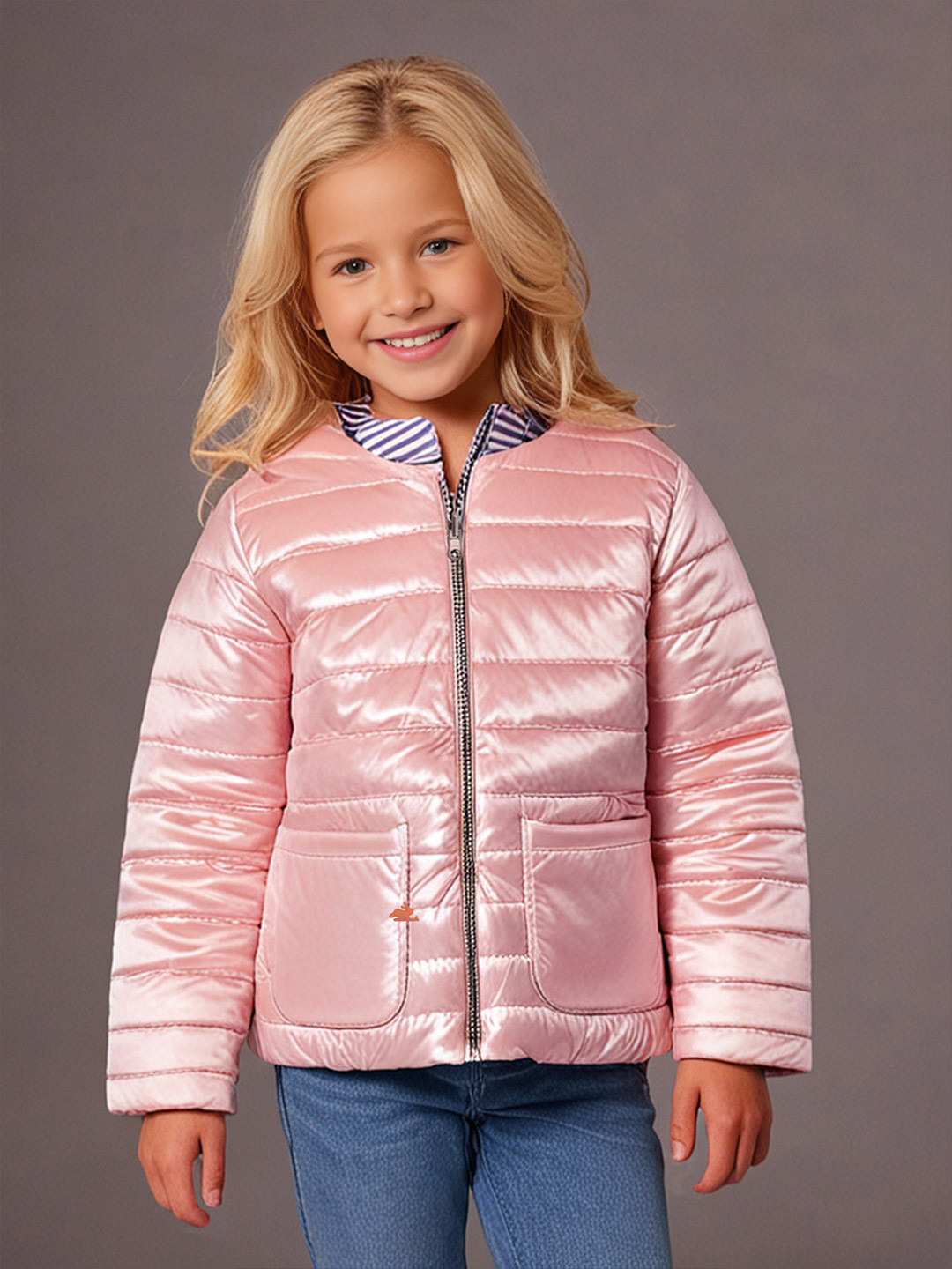Cherry Crumble Girls Reversible Crop Puffer Jacket with Embroidered