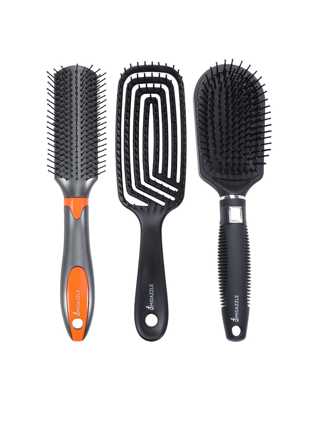 Omidazzle Set Of 3 Premium Flat And Paddle Hair Brush - Black - MDHB005-15-18