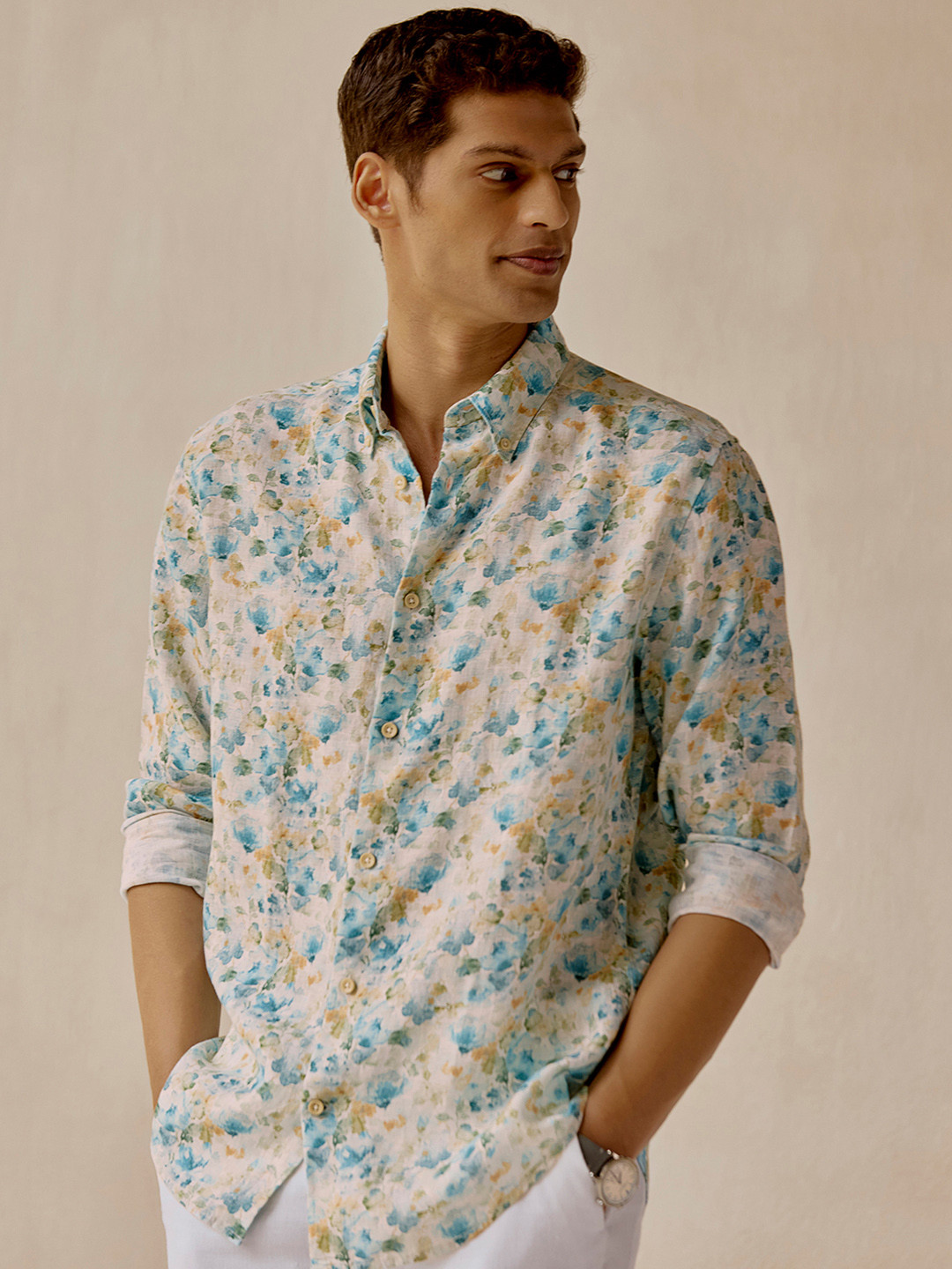 Andamen Men Casual Linen Print Regular Fit Shirt