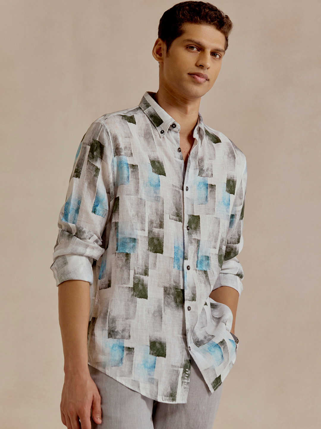 Andamen Men Casual Linen Print Regular Fit Shirt