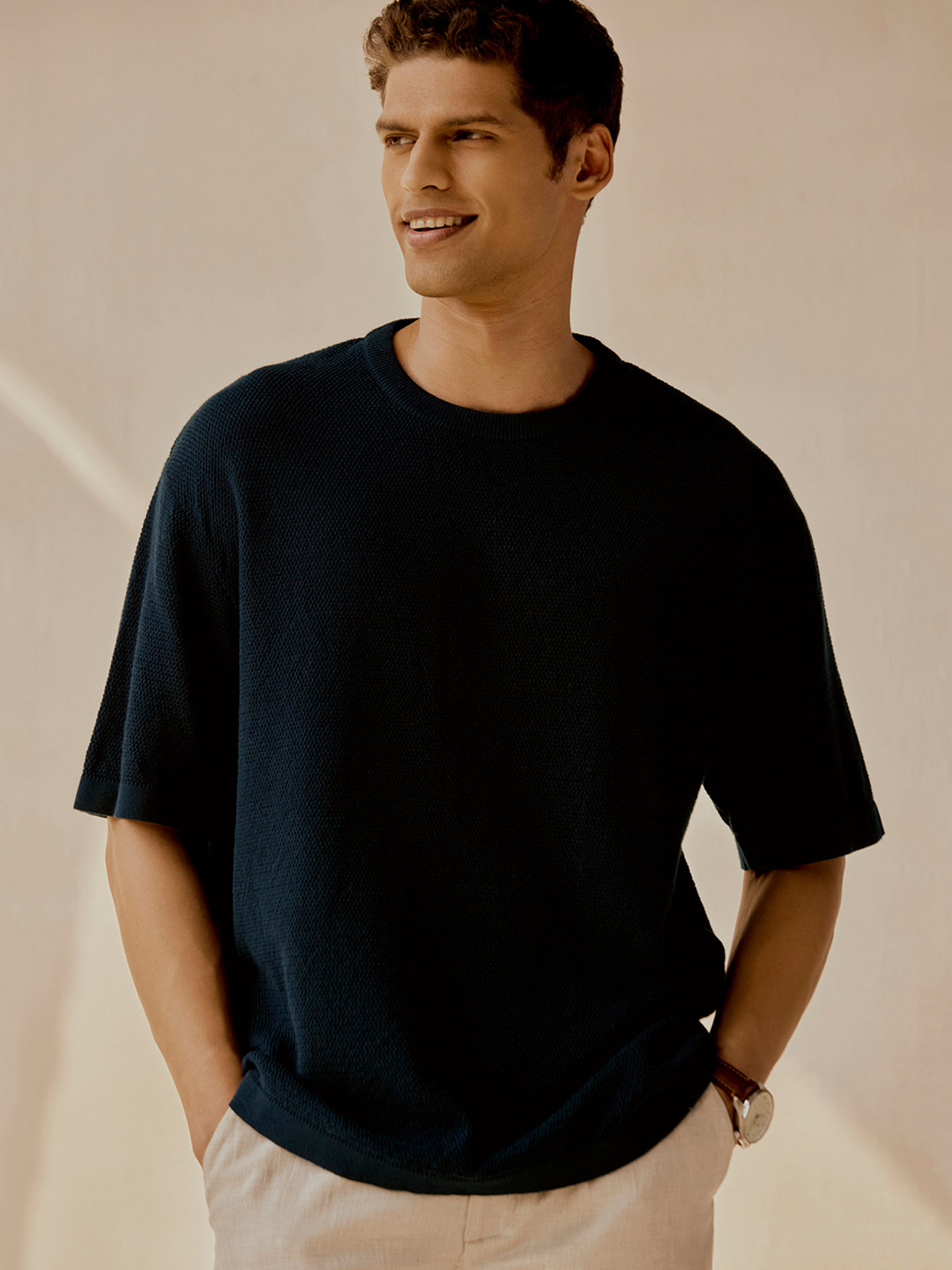 Andamen Men Casual Organic Cotton Texture Relaxed Fit Crew Tshirt