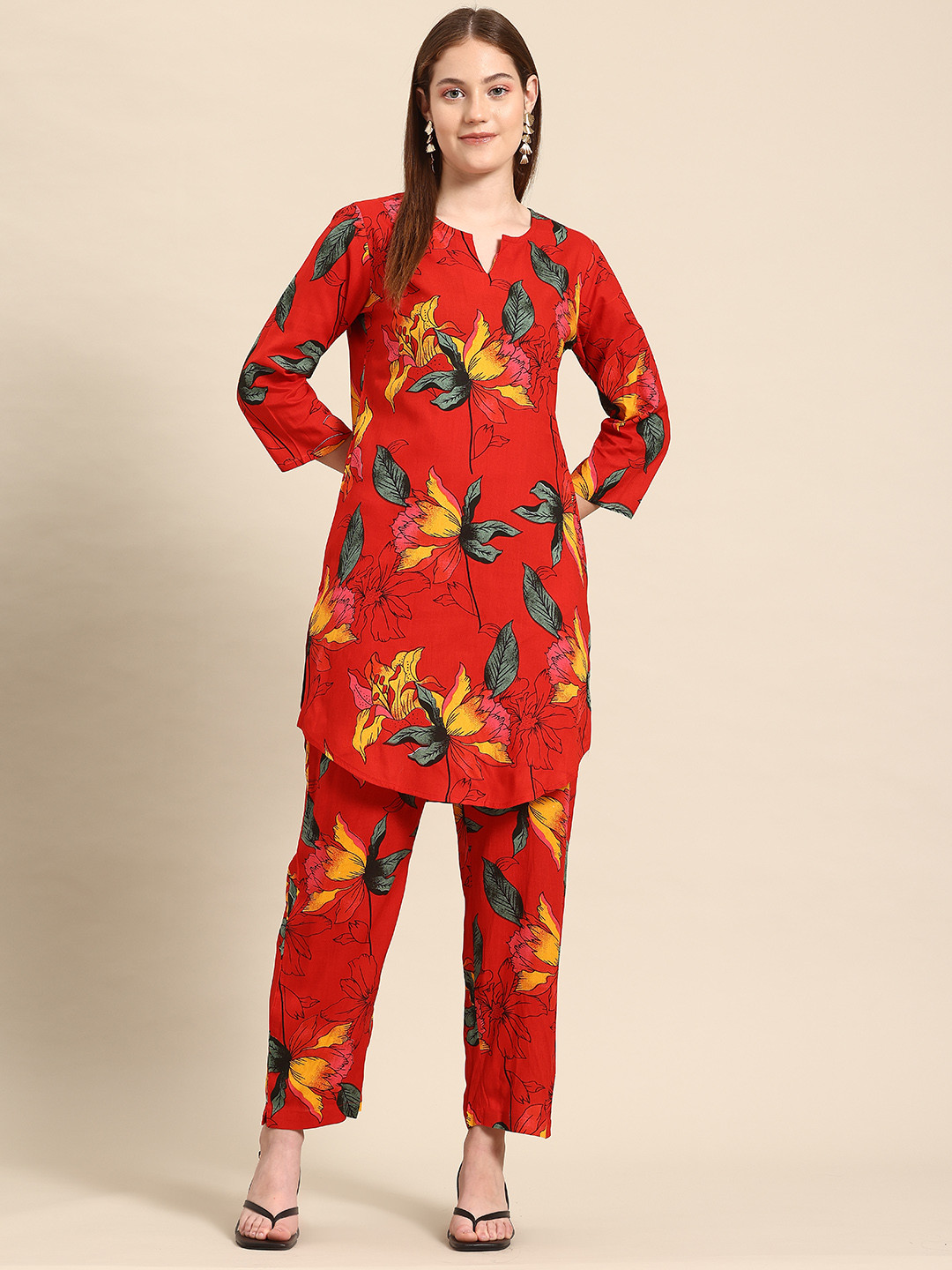A&K Red Floral Printed Tunic with Trousers