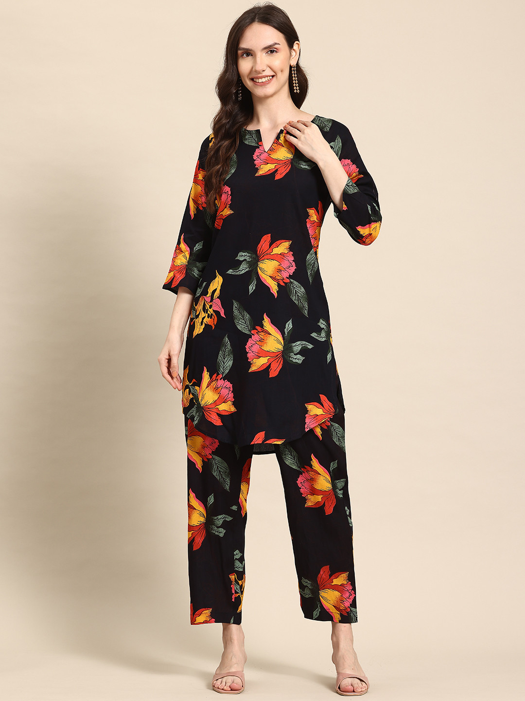 A&K Black Floral Printed Tunic with Trousers