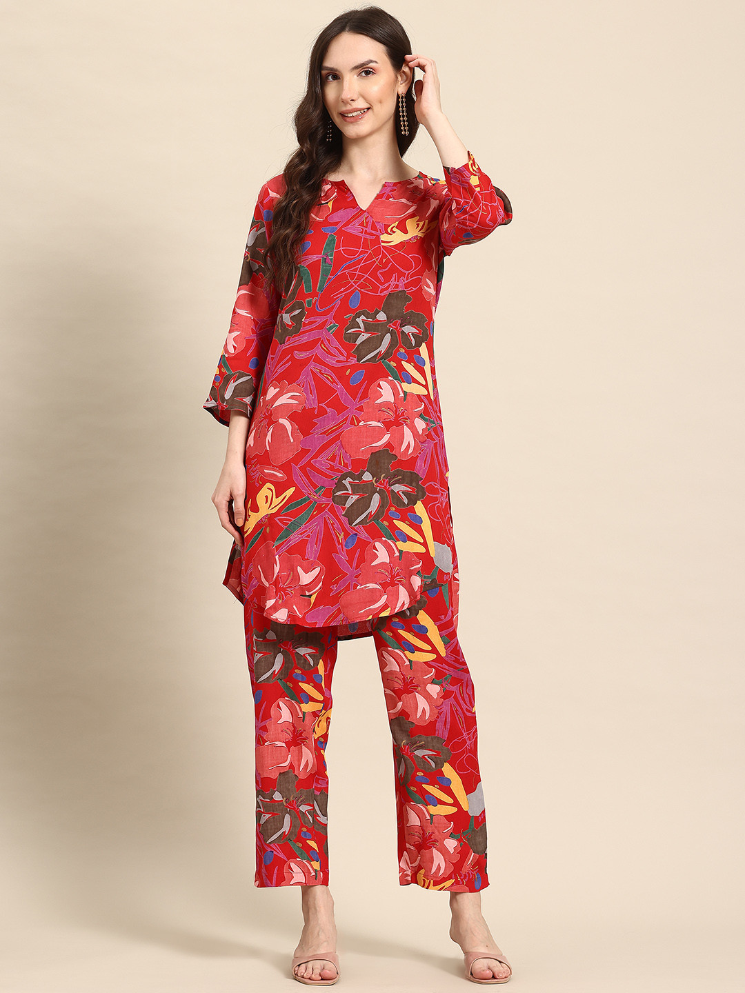 A&K Red Floral Printed Tunic and Trousers Set