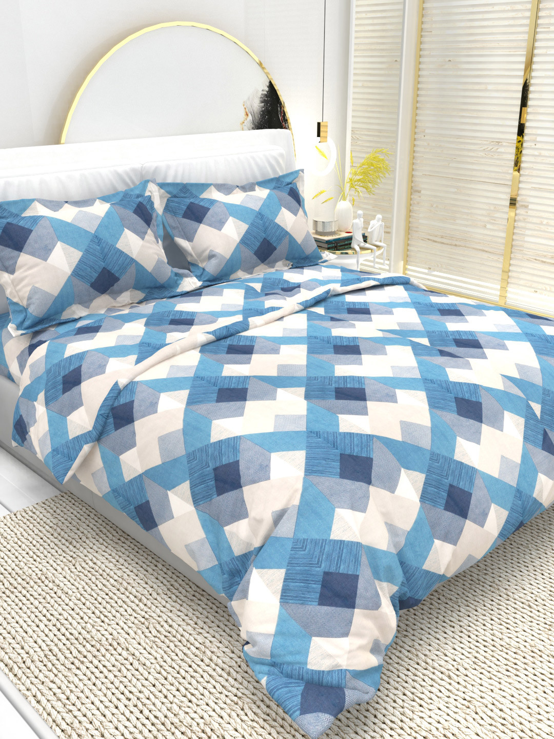 THE WHITE MOSS Clay White Abstract Pure Cotton 210 TC Queen Fine Bedsheet with 2 Pillow Covers-89 x 100 inches