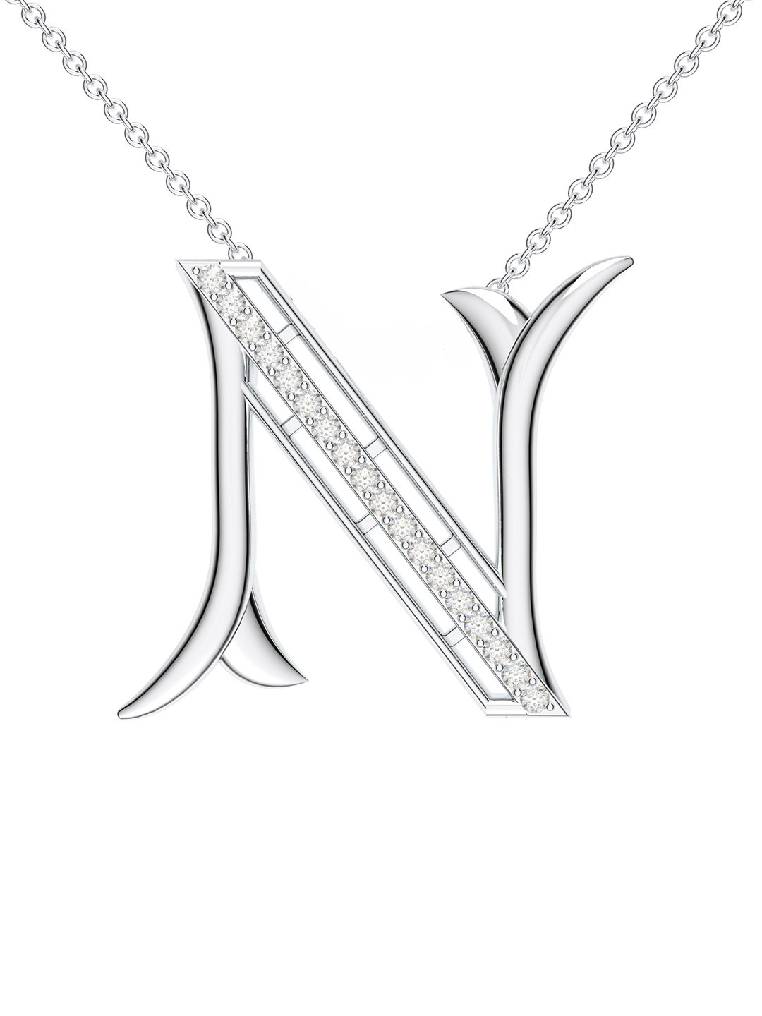 Kicky And Perky 925 Sterling Silver Rhodium-Plated N Pendant with Moissanite & Chain