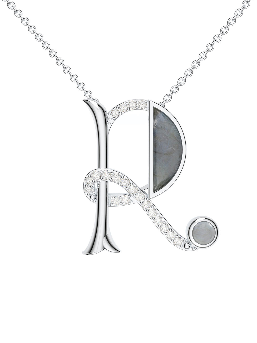 Kicky And Perky 925 Sterling Silver Rhodium-Plated R Pendant with Labradorite & Moissanite
