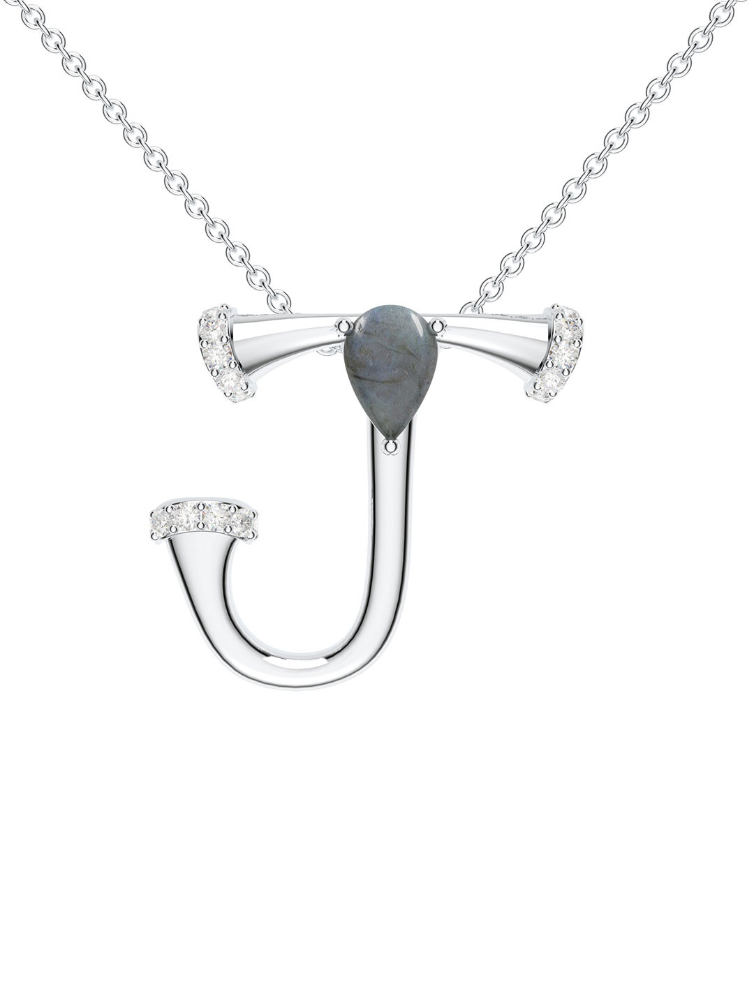 Kicky And Perky 925 Sterling Silver Rhodium-Plated J Pendant with Labradorite & Moissanite