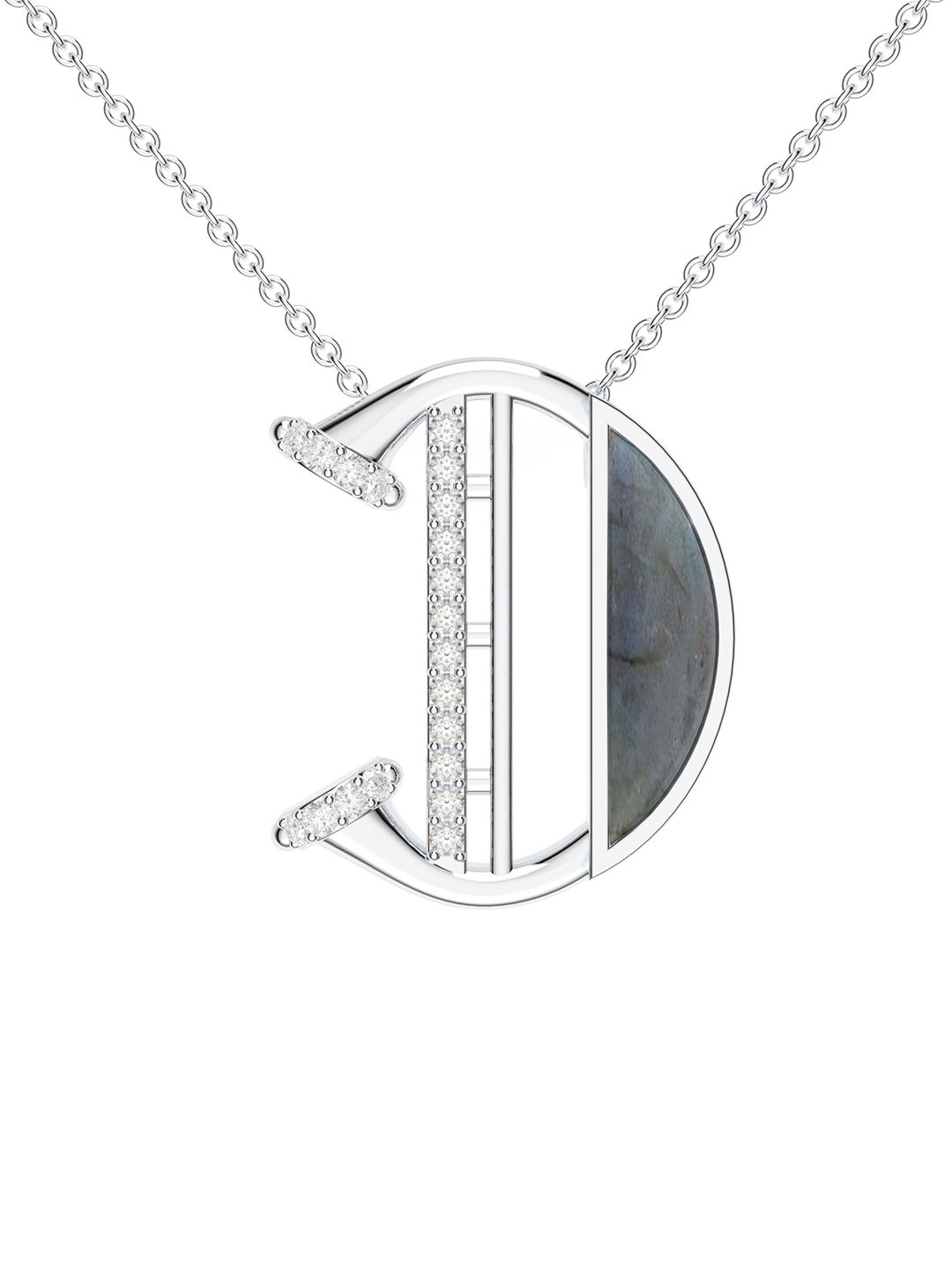 Kicky And Perky 925 Sterling Silver Rhodium-Plated D Pendant with Labradorite & Moissanite