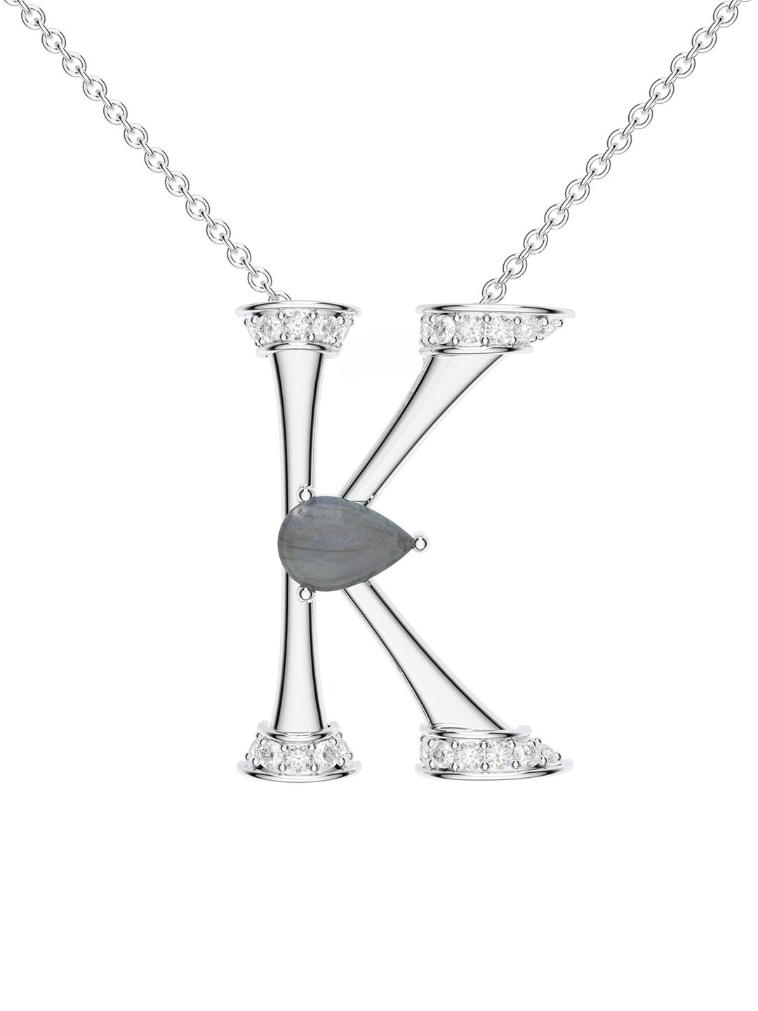 Kicky And Perky 925 Sterling Silver Rhodium-Plated K Pendant with Labradorite & Moissanite