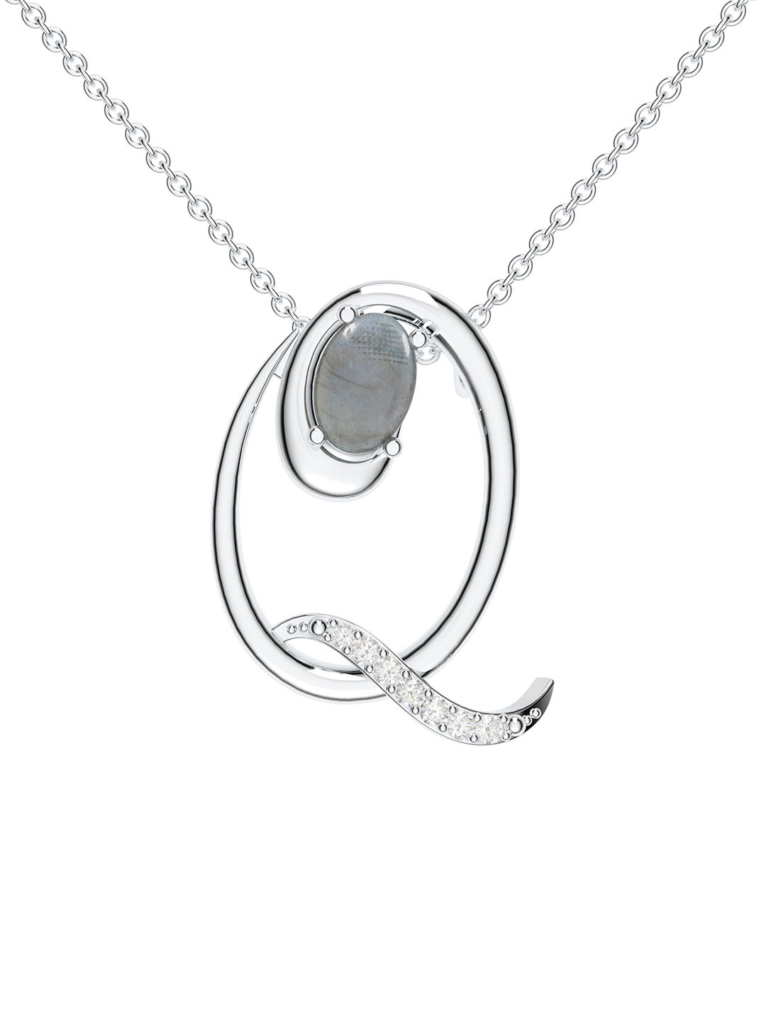 Kicky And Perky 925 Sterling Silver Rhodium-Plated Q Pendant with Labradorite & Moissanite