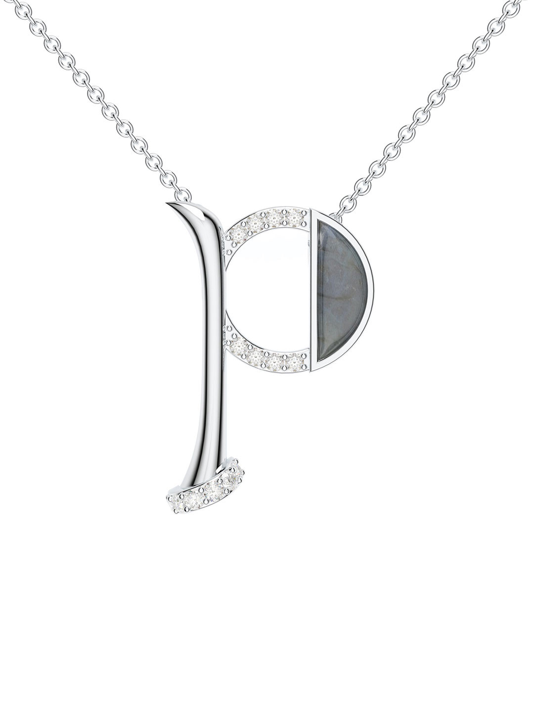 Kicky And Perky 925 Sterling Silver Rhodium-Plated P Pendant with Labradorite & Moissanite