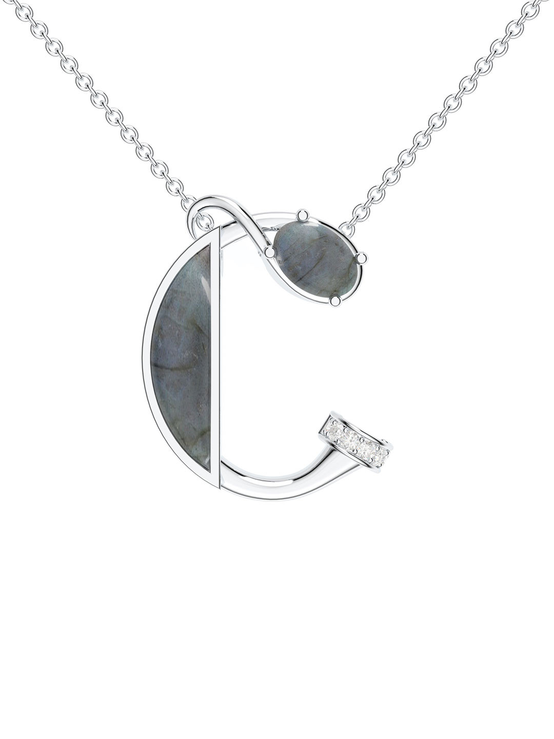 Kicky And Perky 925 Sterling Silver Rhodium-Plated C Pendant with Labradorite & Moissanite