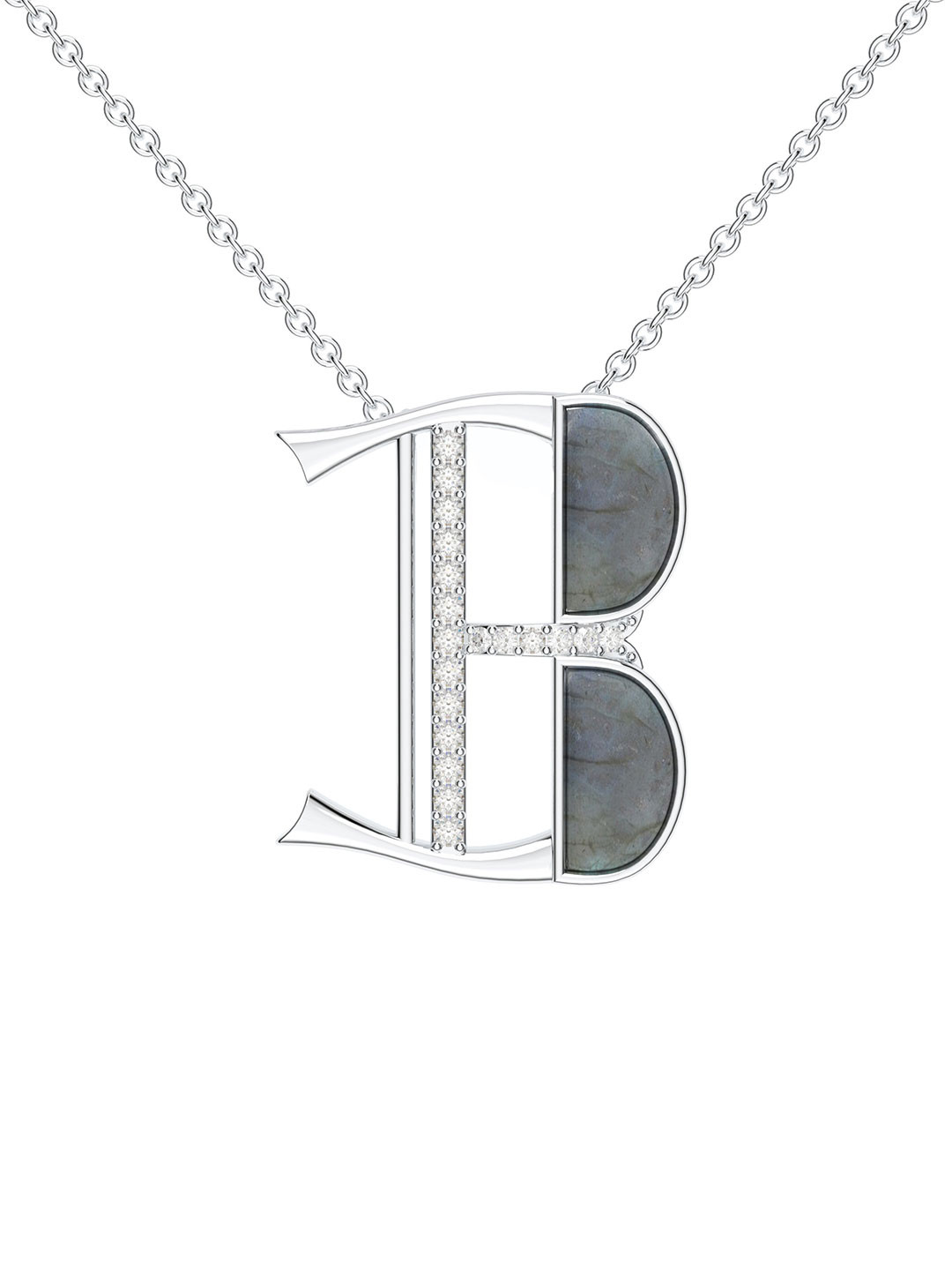 Kicky And Perky 925 Sterling Silver Rhodium-Plated B Pendant with Labradorite & Moissanite