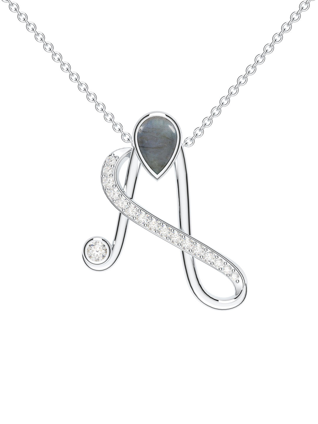 Kicky And Perky 925 Sterling Silver Rhodium-Plated A Pendant with Labradorite & Moissanite