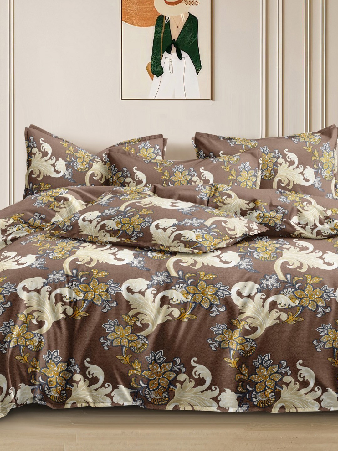 Aura Dbs - Brown/Designer Camel Brown Floral Cotton 180 TC King Fine Bedsheet with 2 Pillow Covers-90 x 100 inches