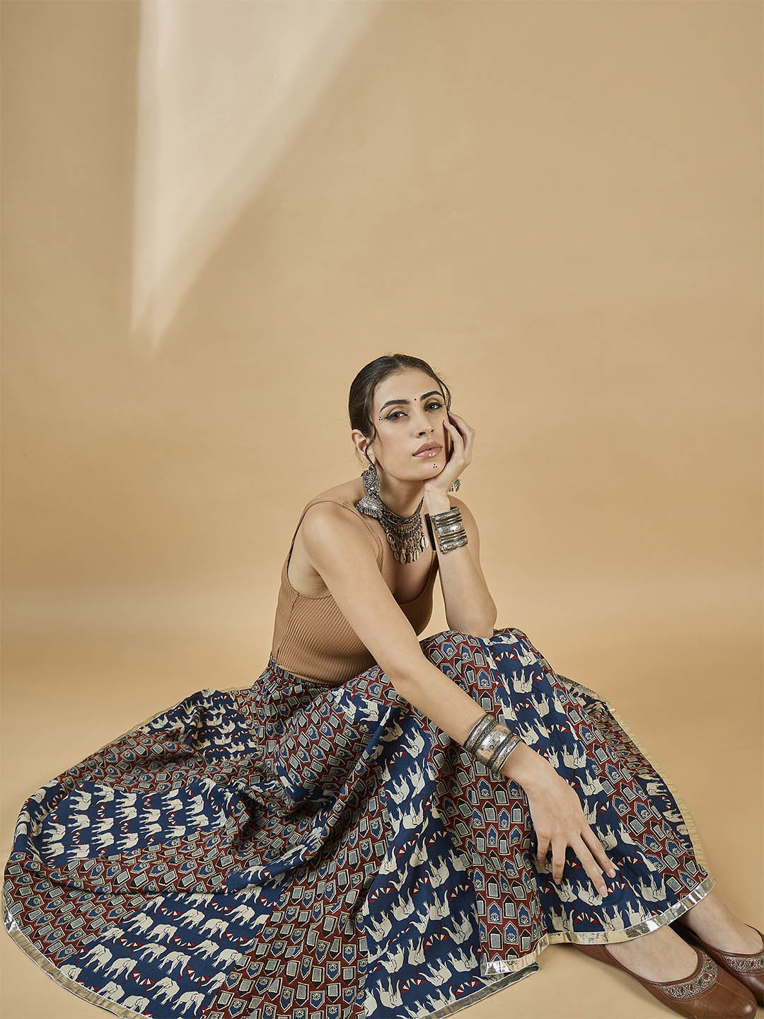 WineRed Printed Pure Cotton Flared Maxi Skirt