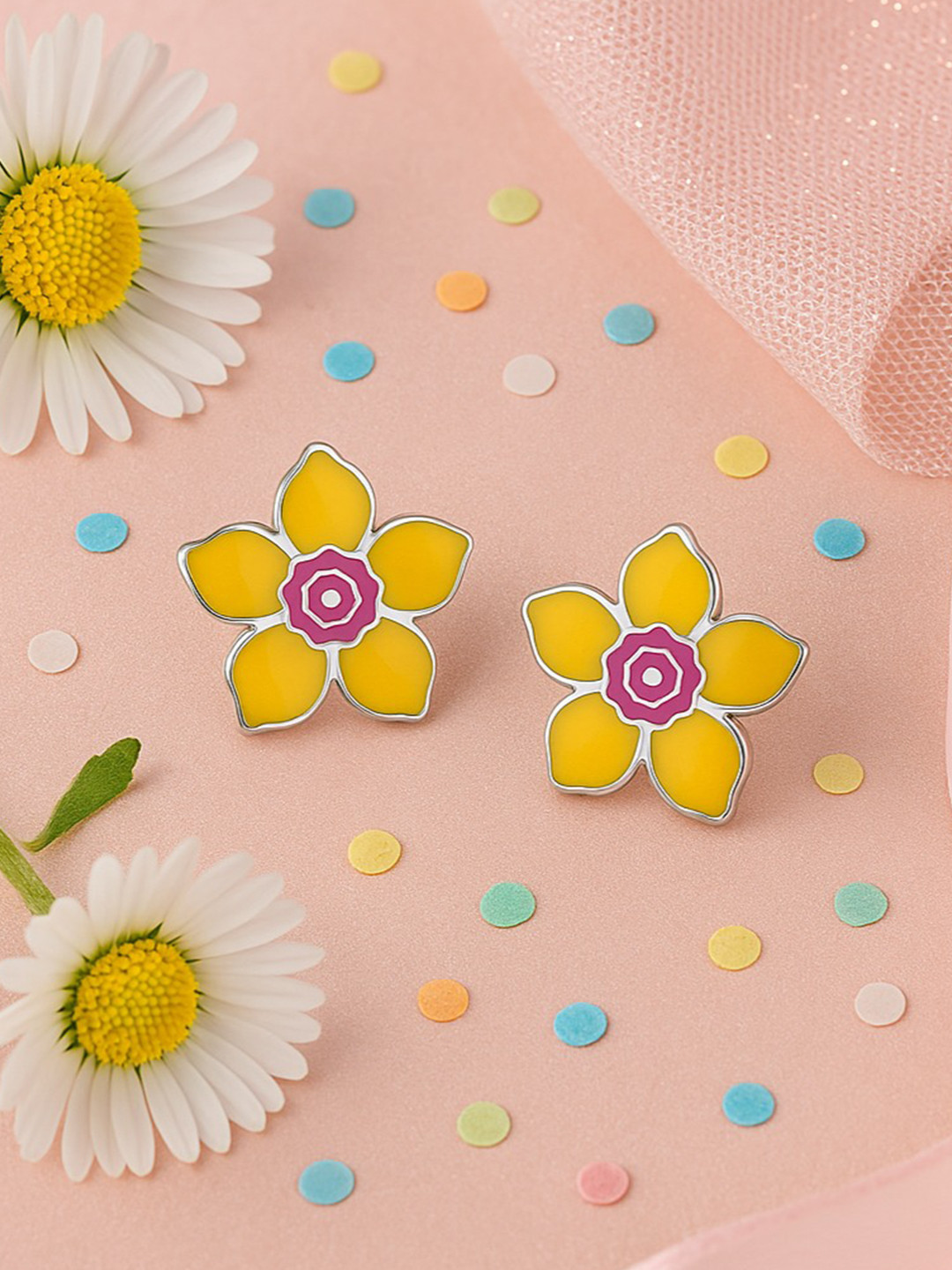 Nipura Girls 925 Sterling Silver Rhodium-Plated Bloom Charm Floral Enamelled Stud Earrings