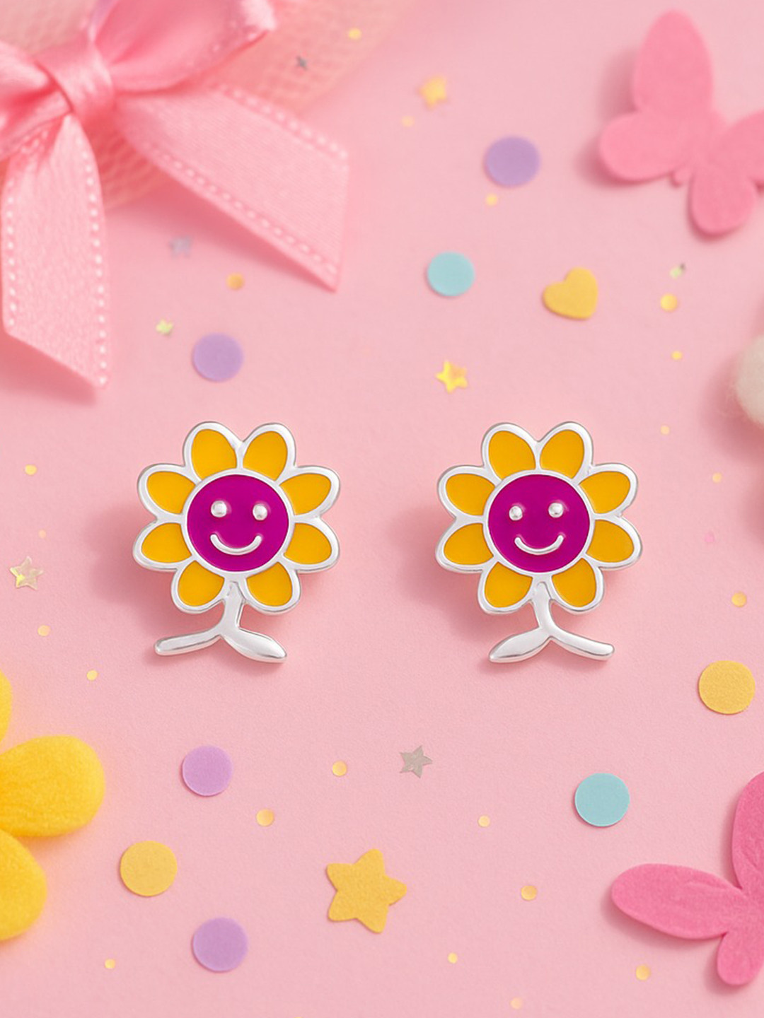 Nipura Girls 925 Sterling Silver Rhodium-Plated Sunny Smiles Floral Shaped Studs Earrings